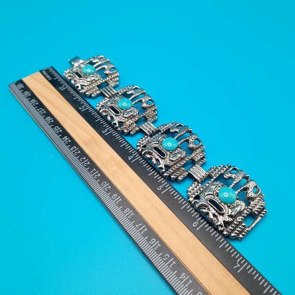 Vintage Silver Tone Wide Bracelet, Turquoise Lucite Cabochon, 6 3/4" - Picture 9 of 10